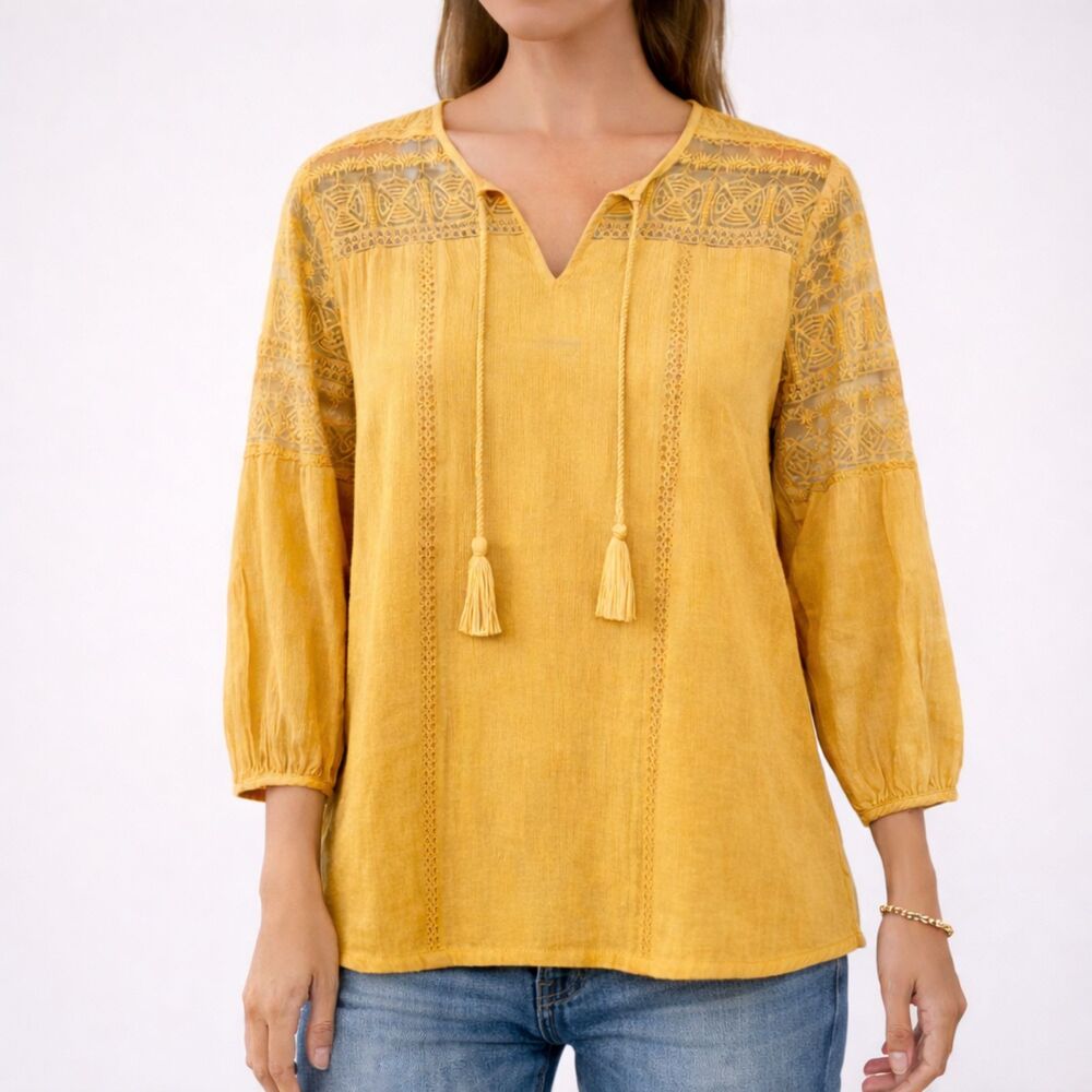 NWT Garnet Hill Top Organic Cotton Lace Trim Peasant Blouse Yellow Size 2 NEW
